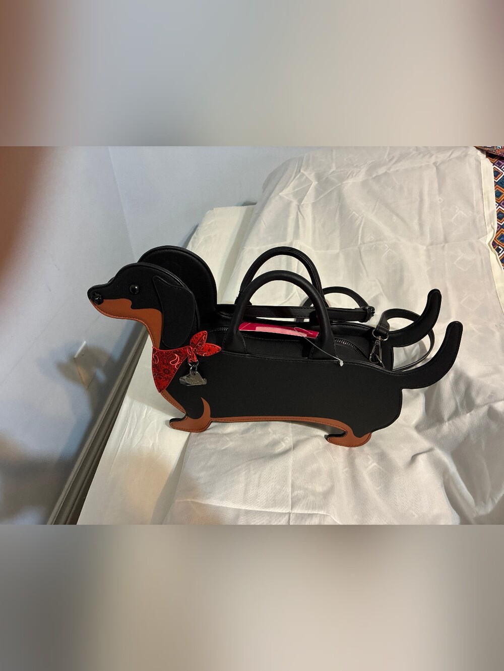 Betsy Johnson Black Dachshund-Shaped Dog Tote Bag with Red Bandana
